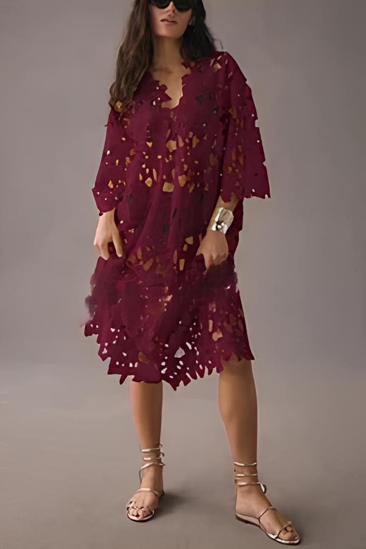 Floral Eyelet Laser-Cut Scalloped V-Neck Oversized Kaftan Maxi Dress