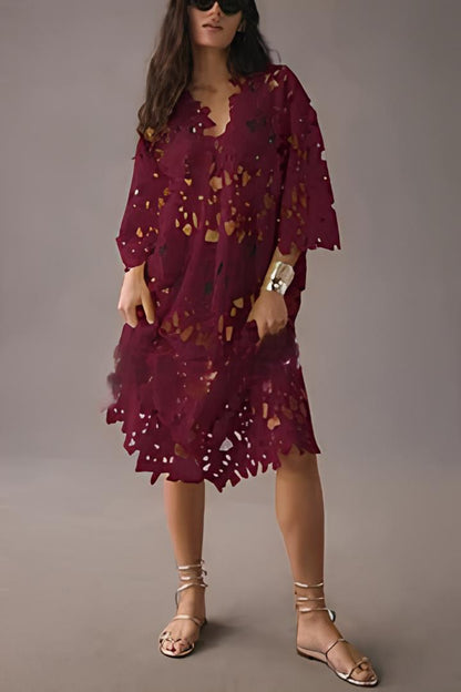 Floral Eyelet Laser-Cut Scalloped V-Neck Oversized Kaftan Maxi Dress
