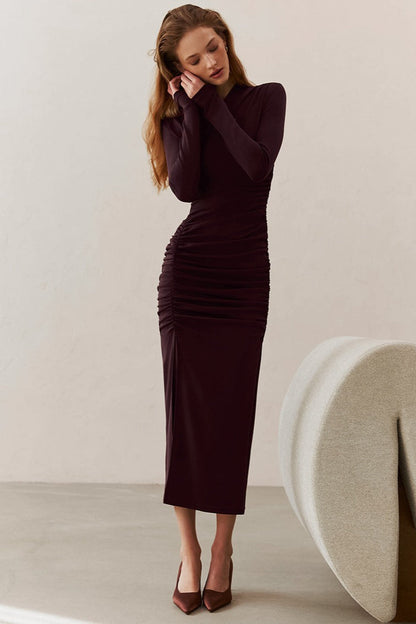 Asymmetric Neck Ruched Long Sleeve High Slit Bodycon Maxi Dress