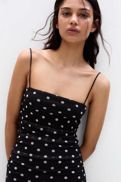 Polka Dot Mesh Sheer Spaghetti Strap Square Neck Ruched Maxi Dress