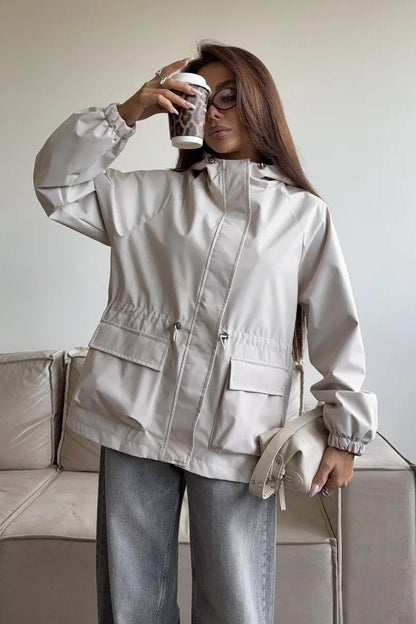 Waterproof Hooded Drawstring Loose Casual Outdoor Hiking Jacket