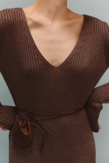 | Knit Bodycon V Neck Maxi Dress