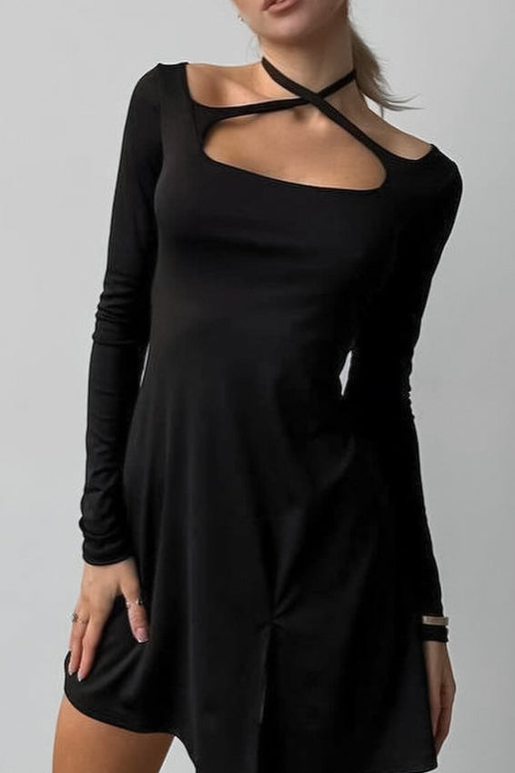 Criss Cross Halter Cutout Long Sleeve Skater Mini Dress