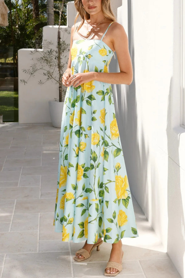 Floral Print Square Neck Sleeveless Casual Vacation Maxi Dress
