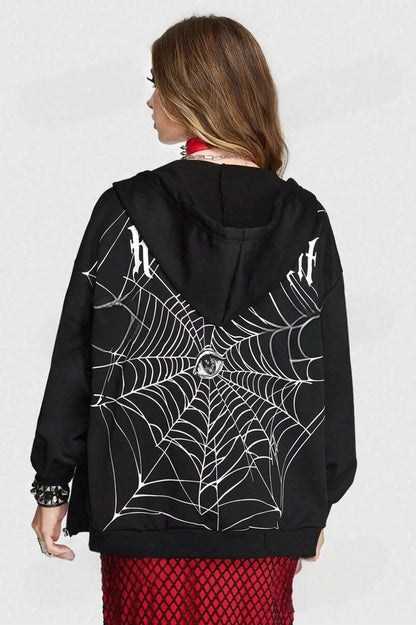 Spider Web Letter Print Punk Zip Hoodie