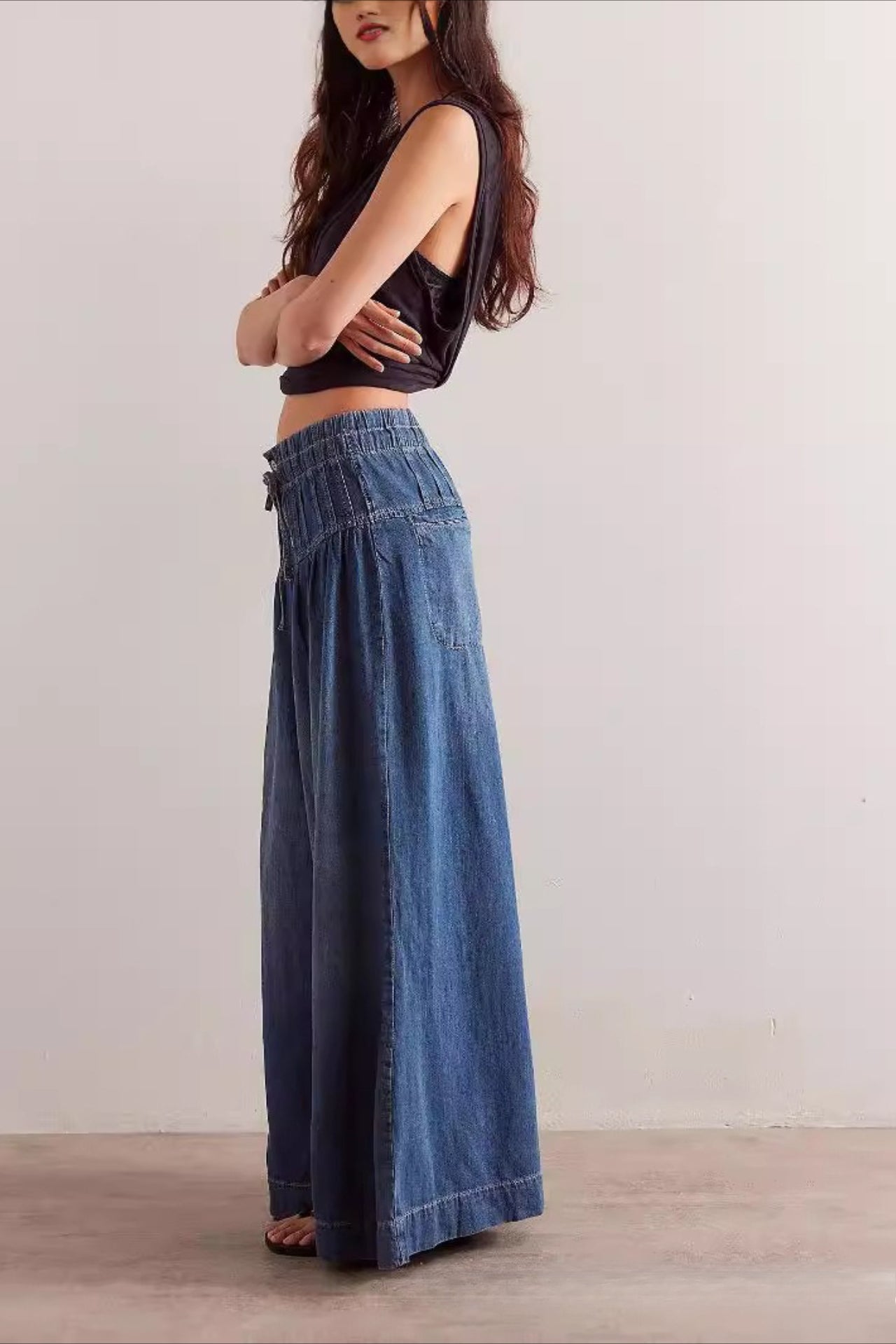 Ruched Mid Rise Tie Front Jeans