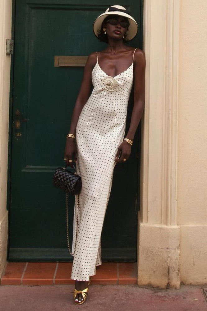 Polka Dot Spaghetti Strap Rosette Detail Cowl Neck Tiered Slip Maxi Dress