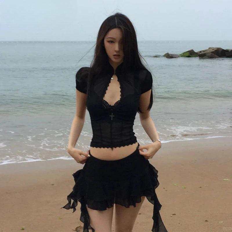 Mesh Lace Irregular Mini Skirt Two Piece Set
