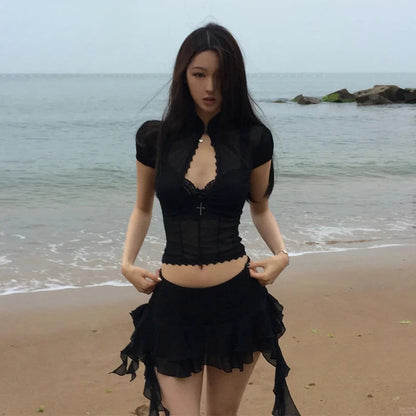 Mesh Lace Irregular Mini Skirt Two Piece Set