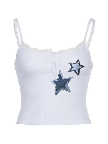 Lace Patchwork Star Print White Cami Top
