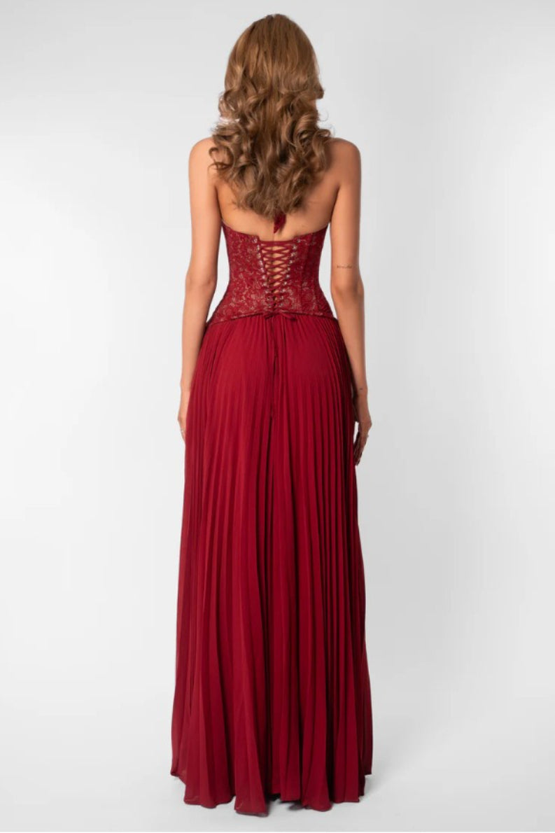 Lace Halter Plunging Sweetheart Accordion Pleat Chiffon Maxi Gown