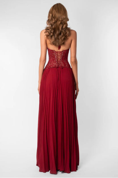 Lace Halter Plunging Sweetheart Accordion Pleat Chiffon Maxi Gown