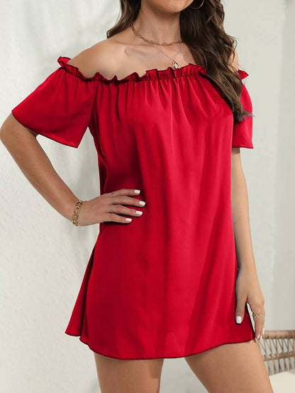 Off Shoulder Ruffle Trim Flutter Sleeve Shift Mini Dress