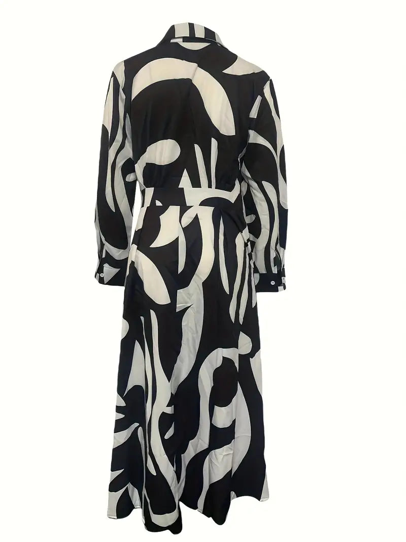 Collared Button Front Long Sleeve Abstract Wave Print Maxi Shirt Dress