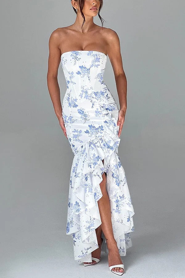 Strapless Ruched Hip Cascade Tiered Ruffle High-Low Maxi Gown