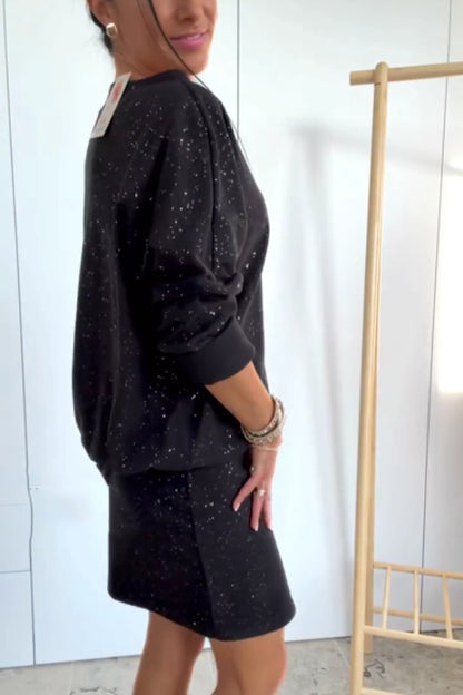 Solid Color Sparkly Round Neck Long Sleeve Casual Mini Dress