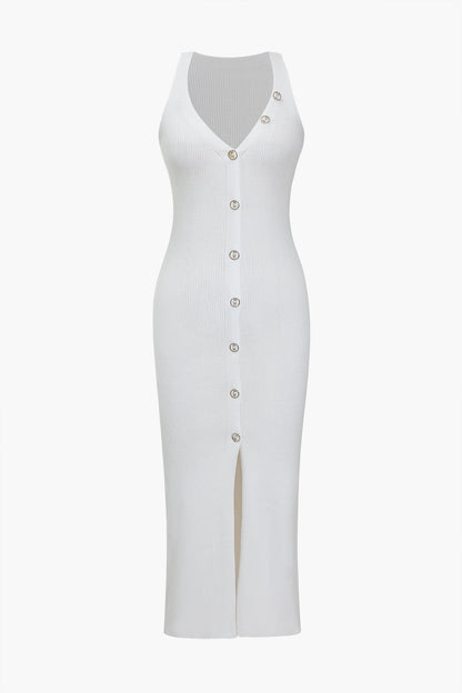 Solid Knit Button Slit Tank Maxi Dress