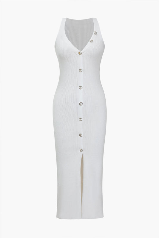 Solid Knit Button Slit Tank Maxi Dress