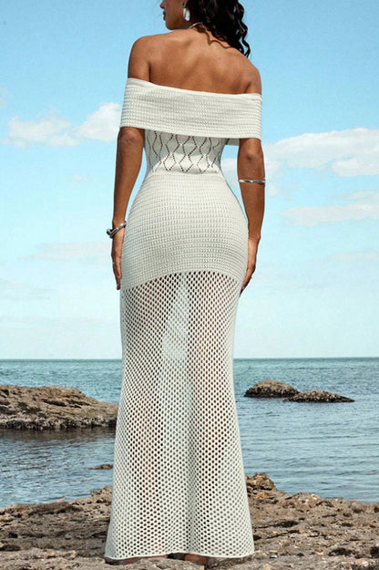 Solid Color Knit Openwork Off-shoulder Slim-fit Cover-up Maxi Dress