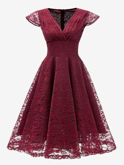Vintage 1950s Midi Lace Dress for Women - V Neck Cap Sleeve A-line Cocktail Prom Gown - Wedding Guest Wear 2026