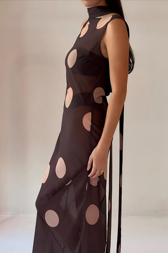 Polka Dot Sheer Mesh Boat Neck Scarf Detail Column Maxi Dress