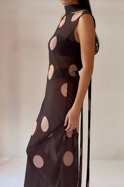 Polka Dot Sheer Mesh Boat Neck Scarf Detail Column Maxi Dress