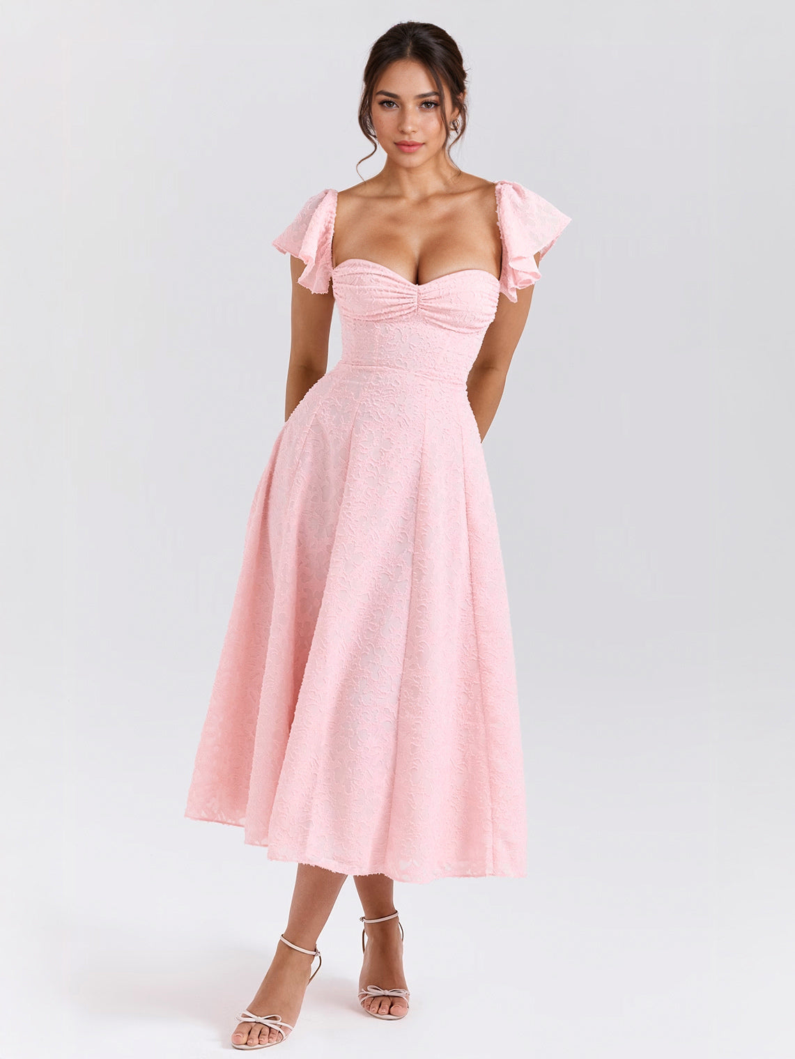 Floral Jacquard Soft Pink Dress With Butterfly Sleeve A-line Midi Party Dress For Women 2026