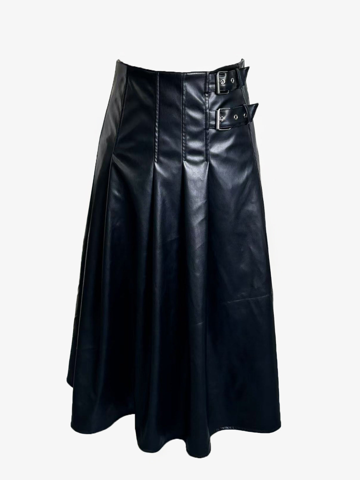 Black Vintage Pleated Faux Leather Midi Skirt With Double Buckle For Women 2026