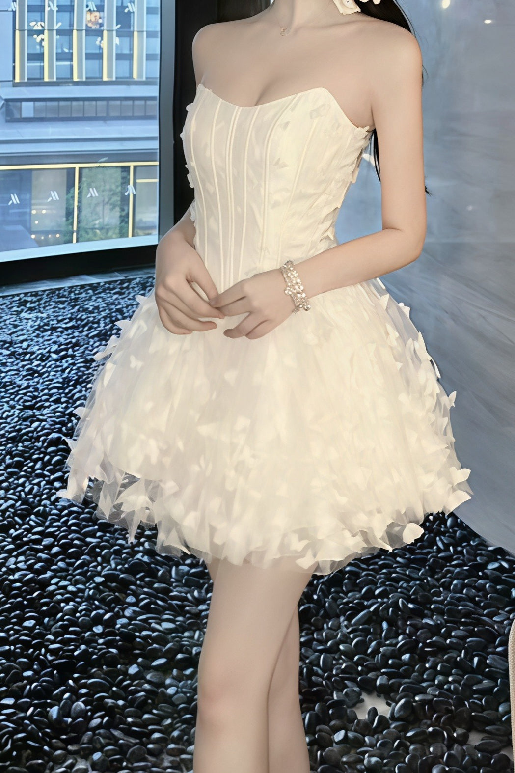 Strapless Corset Bodice 3D Butterfly Applique Ruffle Tiered Mini Dress