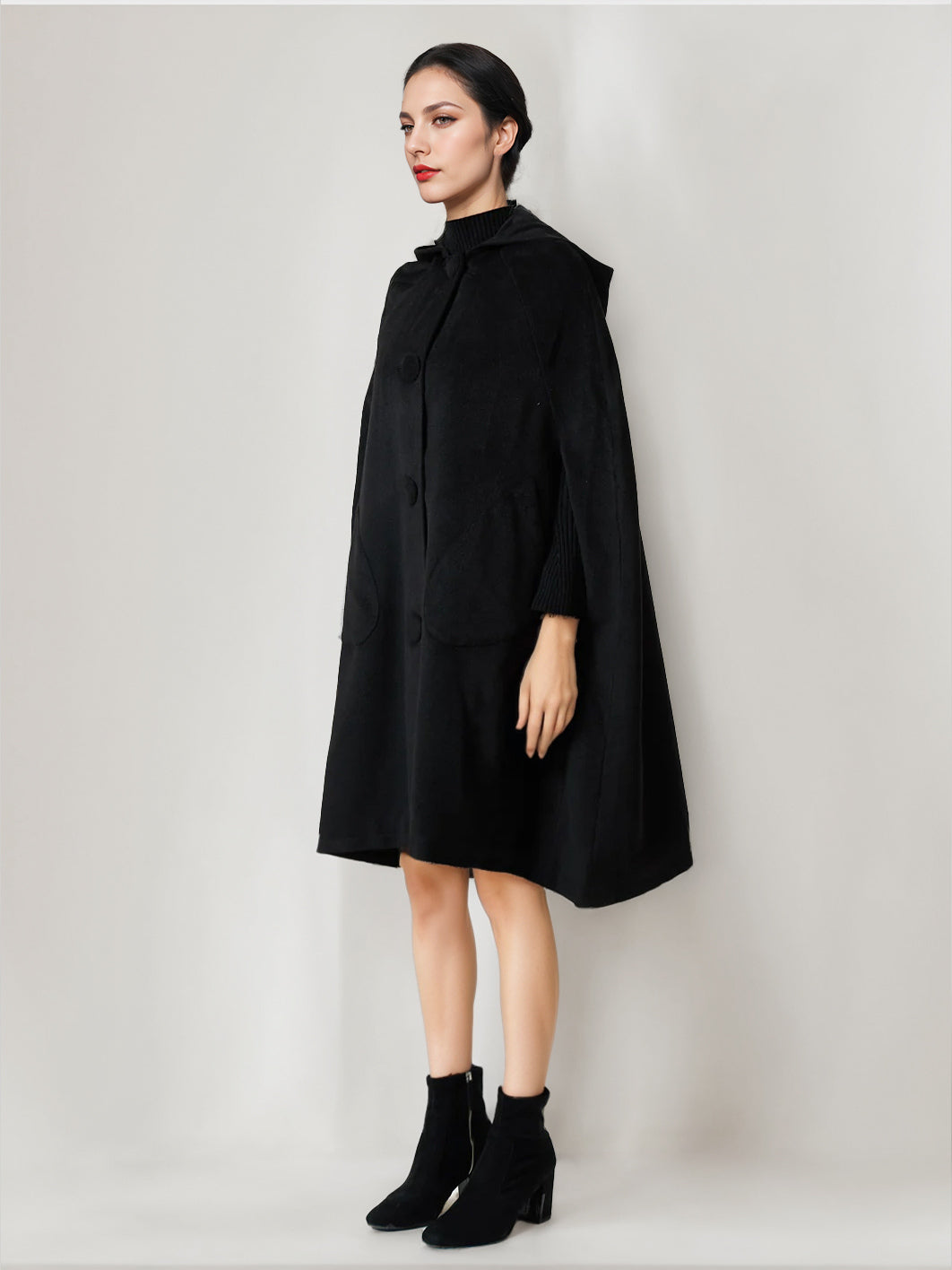 Black Woolen Cape Coat With Hood Oversized Poncho Winter Outerwear For Women 2026
