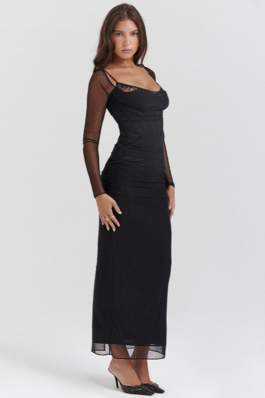| Mesh Lace Patchwork Fitted High Slit Maxi Dress