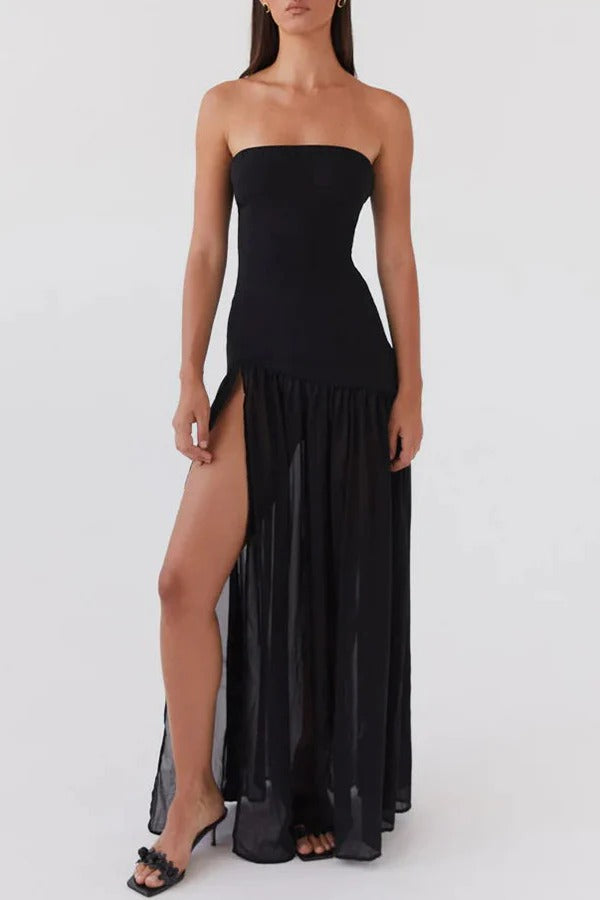 Strapless Bandeau Drop-Waist Gathered Chiffon High-Slit Maxi Gown