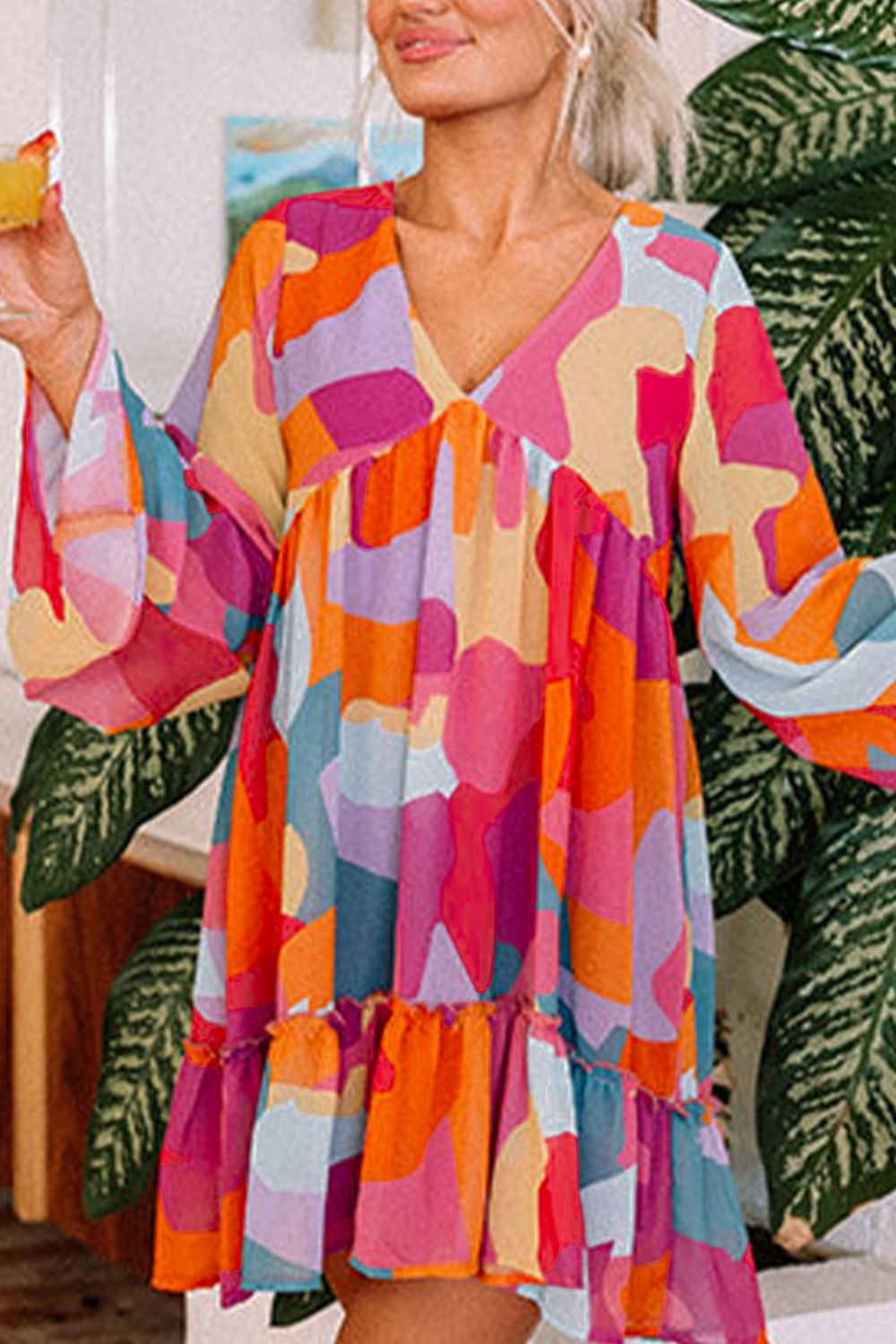 Abstract Geometric Print Deep V-Neck Bell Sleeve Tiered Ruffle Mini Dress
