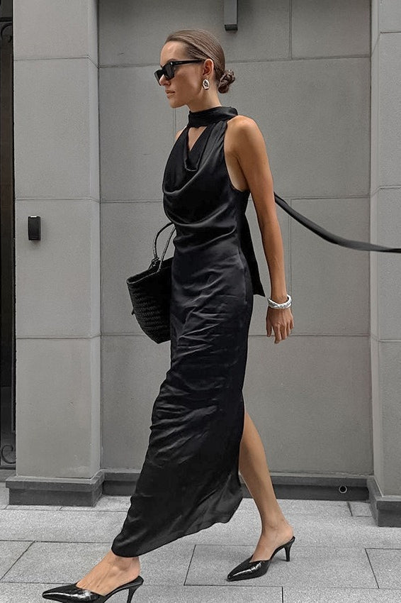 Cowl Neck Halter Satin Column Maxi Dress