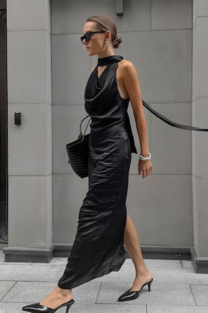 Cowl Neck Halter Satin Column Maxi Dress