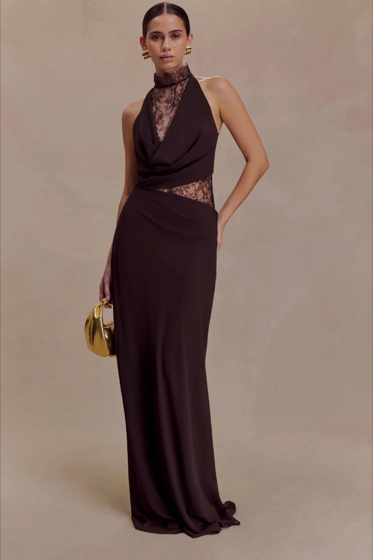 Halter Lace Collar Cowl Neck Diagonal Lace Panel Waist Maxi Gown