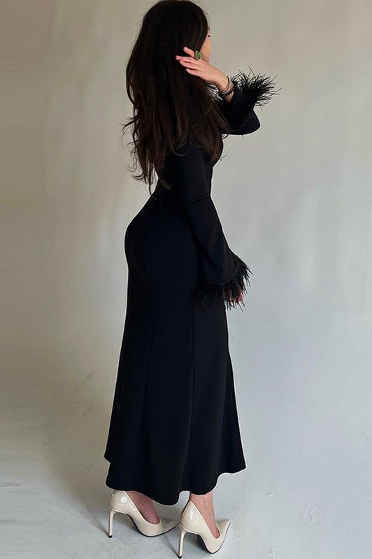 Feather Cuff Long Sleeve Crew Neck Mermaid Ruffle Hem Maxi Dress