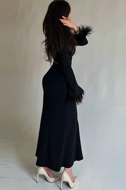 Feather Cuff Long Sleeve Crew Neck Mermaid Ruffle Hem Maxi Dress