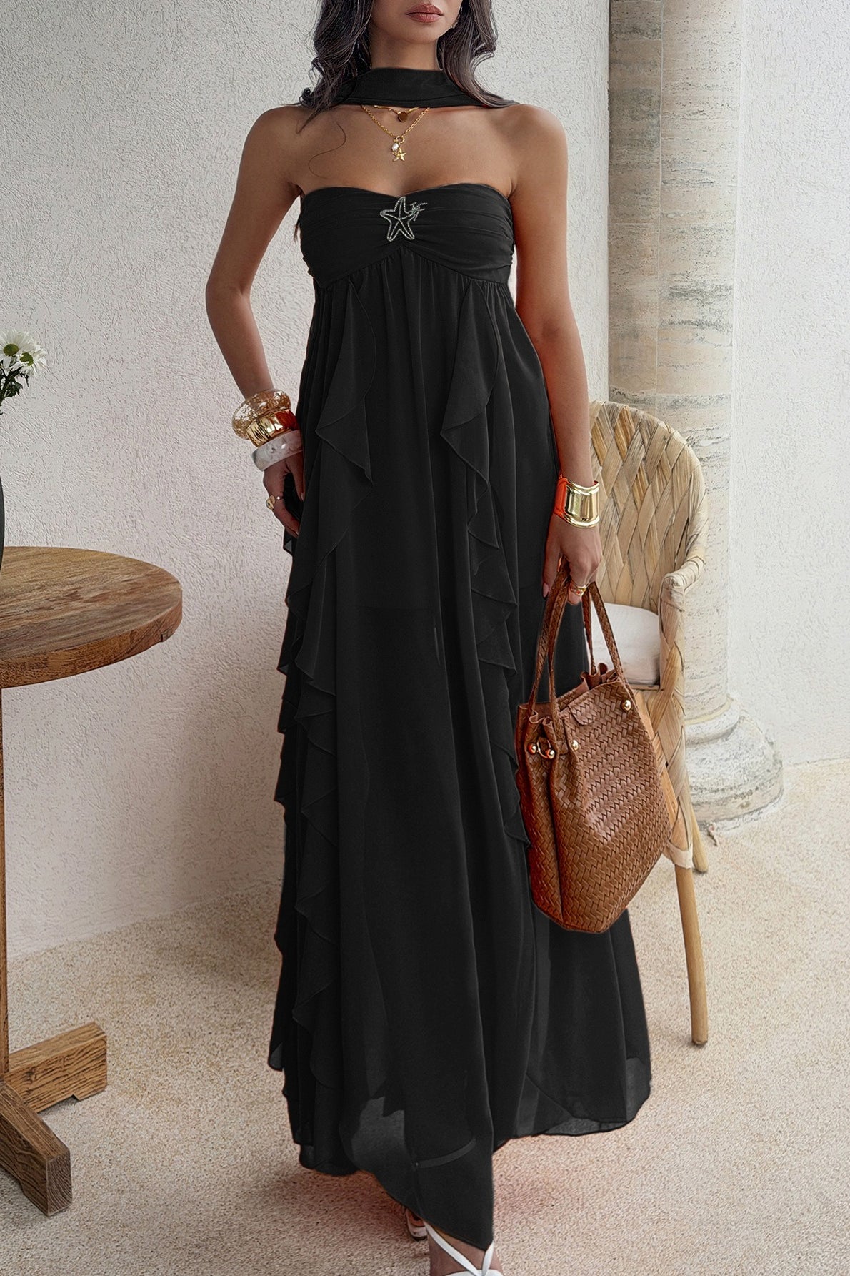 Strapless Ruched Starfish Brooch Cascading Vertical Ruffle Chiffon Maxi Dress