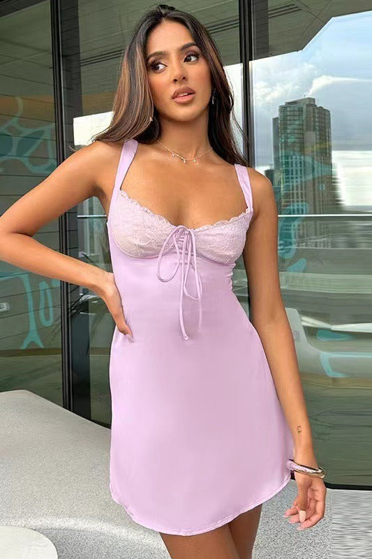Floral Lace Sweetheart Bustier Tie Front A-Line Mini Dress