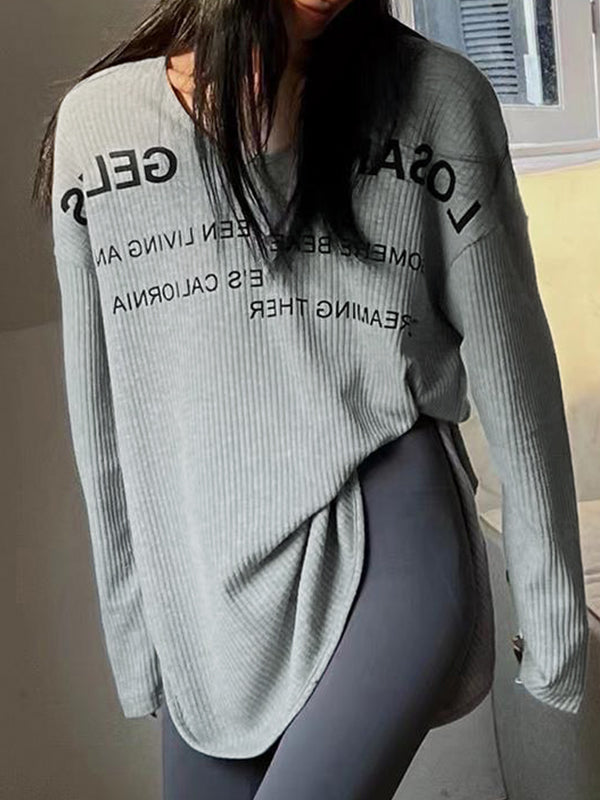 Letter Print U Neck Irregular Slit Long Sleeve Knit