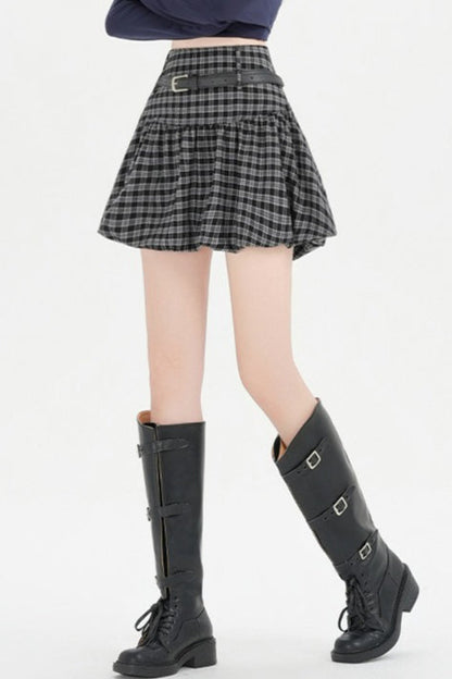 Plaid Bubble A-line Khaki Short Skirt