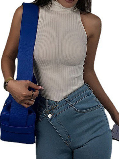 Solid Color High Neck Ribbed Knit Tank Top