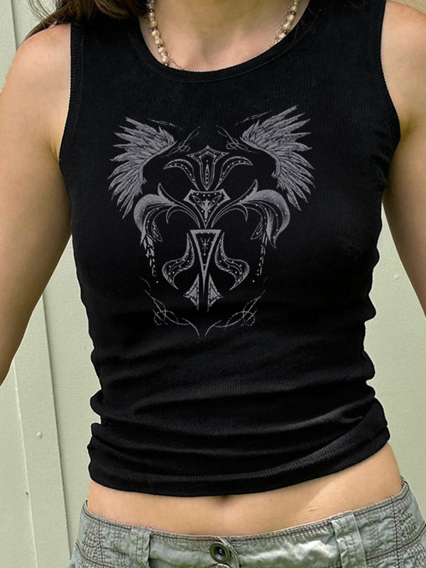 Vintage Wings Print Ribbed Cropped Tank Top