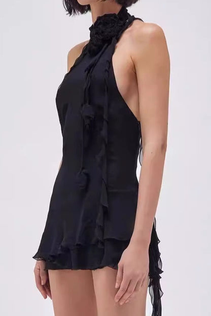 Halter Rosette Neck Ruffled Streamer Trim Mini Dress