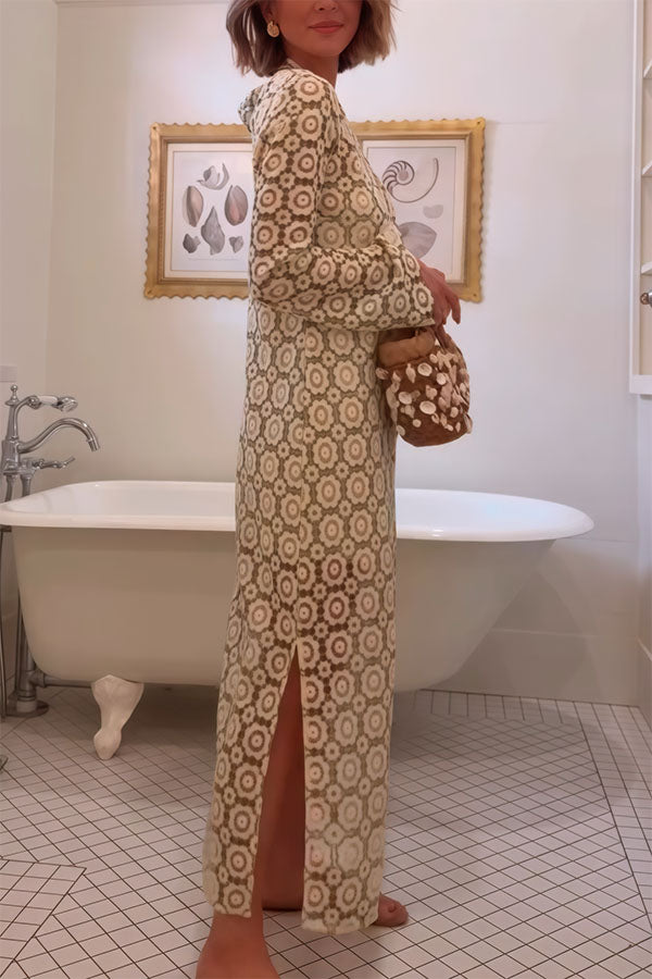 Summer Fashion Floral Crochet Cutout Fabric Long Sleeve Slit Vacation Midi Dress