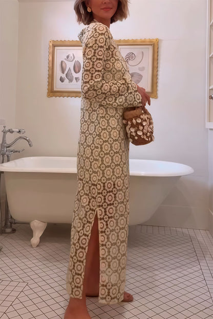 Summer Fashion Floral Crochet Cutout Fabric Long Sleeve Slit Vacation Midi Dress