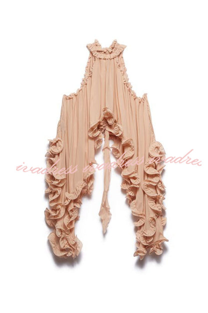 Romantic Drama Chiffon Wavy Ruffles Halter Irregular A-line Top