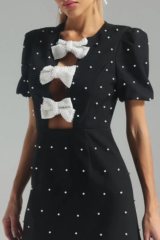Crew Neck Pearl Stud Bow Front Keyhole Mini Dress