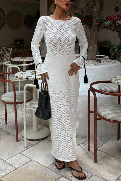 Solid Color Long-sleeved Tie Slim-fit Knit Openwork Cover-up Maxi Dress